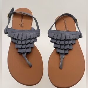 American Eagle Fringe T-Strap Sandals | Gray Faux Suede | Size 9.5